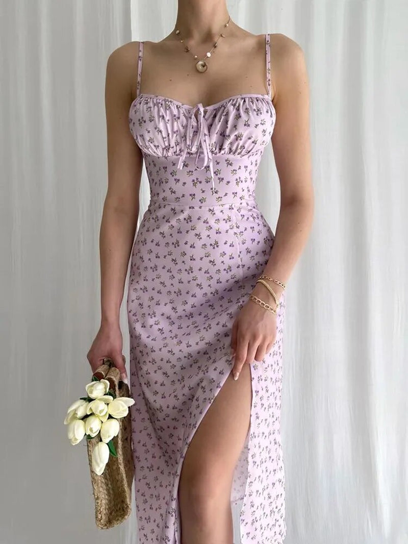 2023 Sleeveless Satin Slip Floral Ruched Bandage Cut Out Maxi Dress Summer Women Fashion Sexy Party Club Robe Kpytomoa