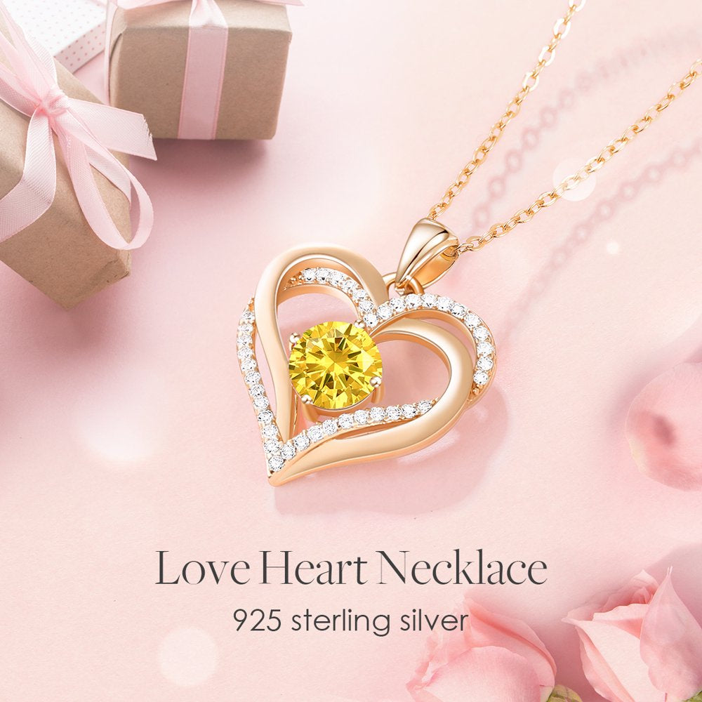 Love Heart Pendant Necklaces for Women 925 Sterling Silver with Birthstone Zirconia Rose Gold Diamond Anniversary Jewelry Best Gift Ideas for Women Fine Packing Gift Box